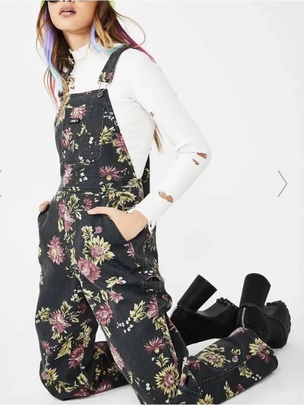 NWOT OBEY Floral Black Denim Overalls